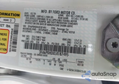 2020 Ford Fusion Se из США, поврежденный, VIN 3FA6P0HDXLR187495